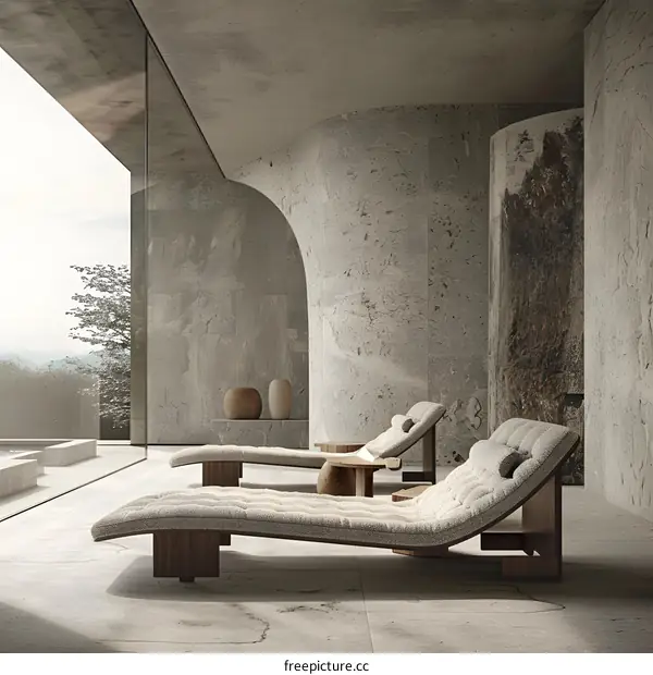 Minimalist Interior Design with Two Lounge Chairs and a Stone Wall