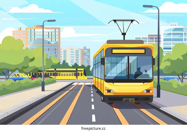 Yellow Tram in City Street