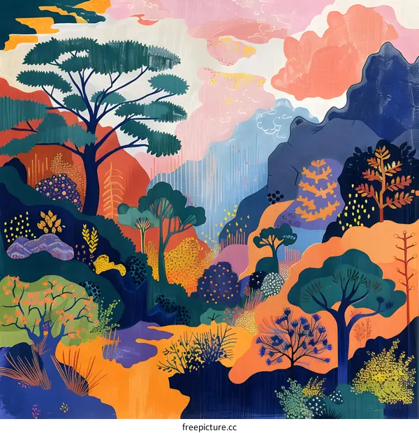 Abstract Landscape Painting with Colorful Trees and Mountains