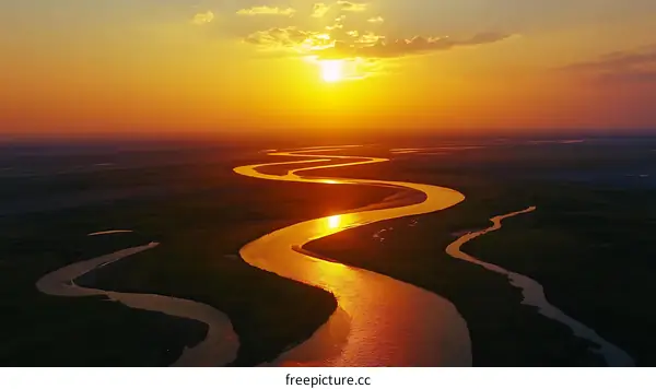 Sunset over Winding River Landscape