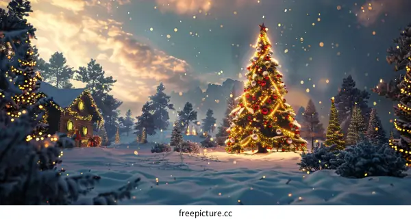 Christmas Tree in Snowy Forest Decorated with Lights and Ornaments