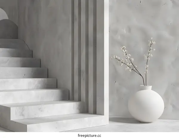 Minimalist Interior Design with Concrete Stairs and White Vase