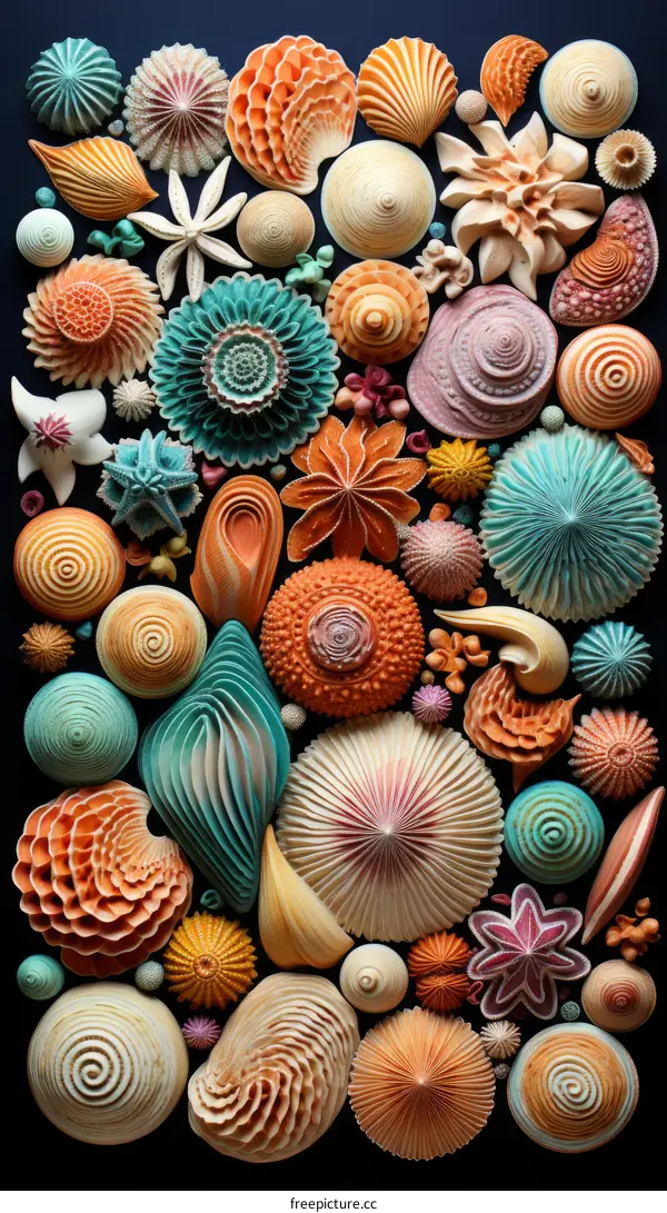 An artistic collage of various types of seashells and other marine life
