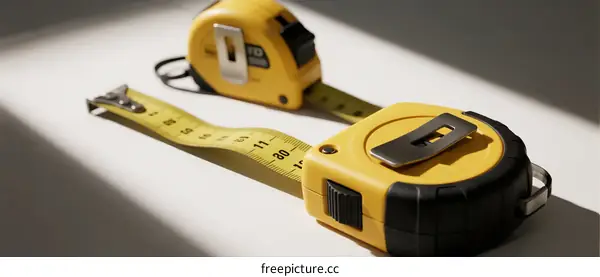 Two yellow measuring tapes on a light surface for measuring