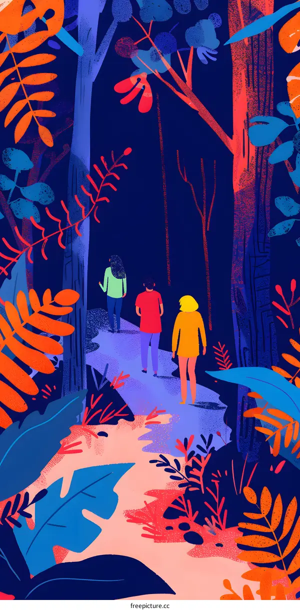 Three People Walking Through A Colorful Forest