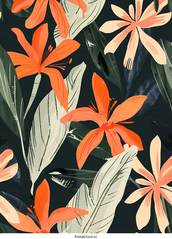 Seamless Floral Pattern with Orange and Peach Flowers on a Dark Background