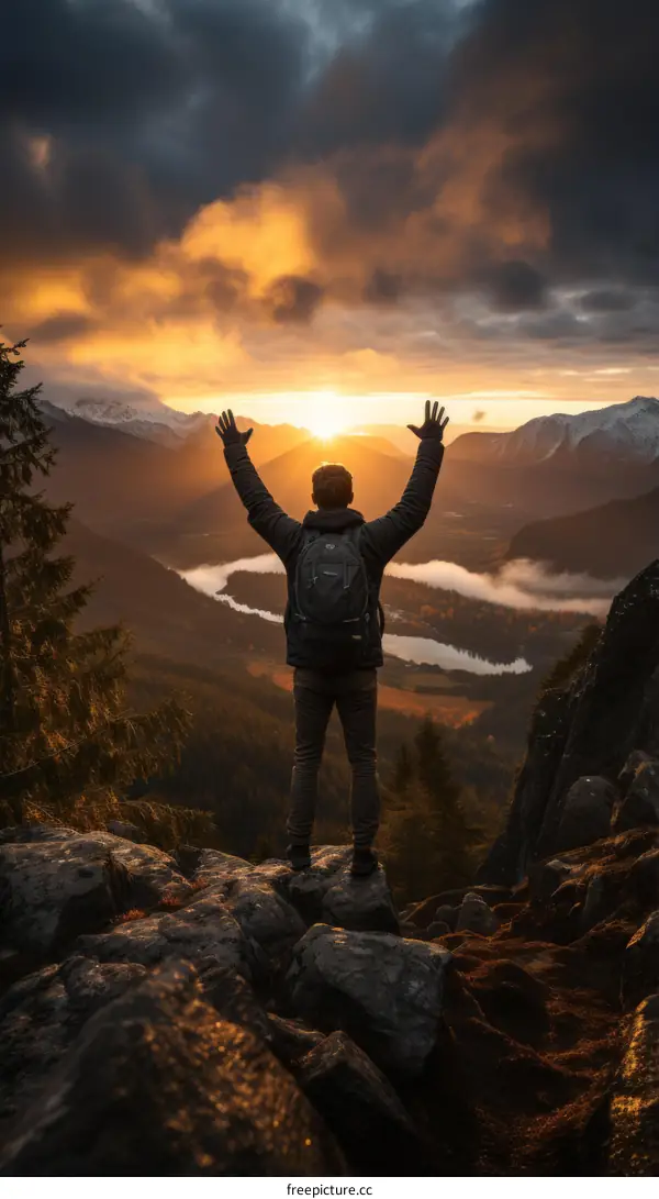 man standing on a mountaintop with his arms raised in the air