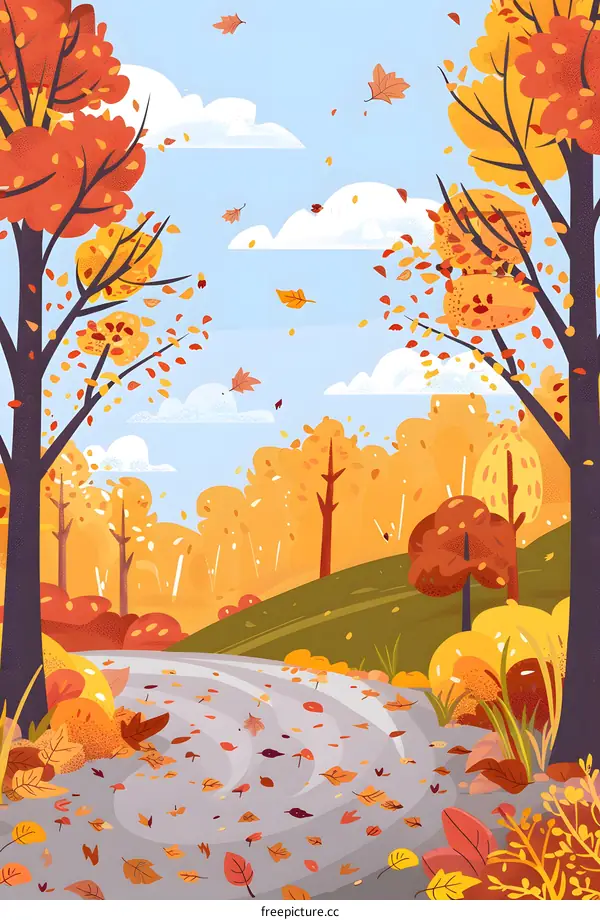 Autumn Forest Path With Falling Leaves Illustration