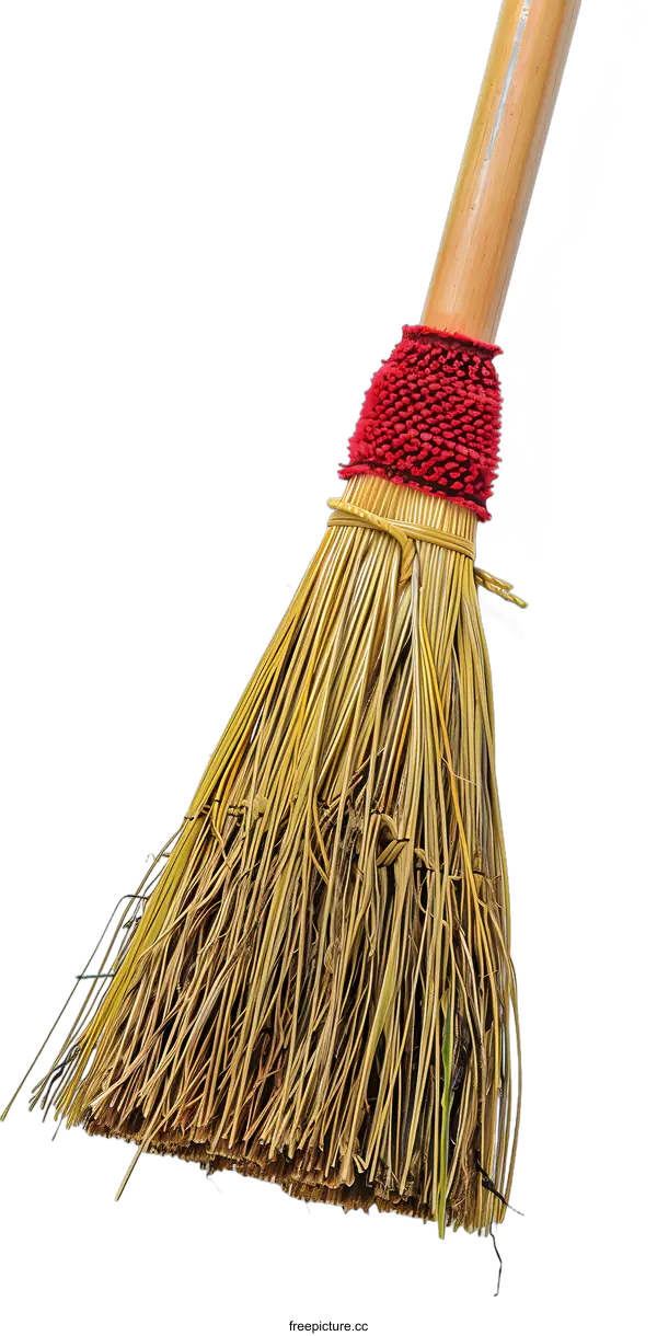 [Transparent Background PNG]Traditional Wooden Broom with Red Binding