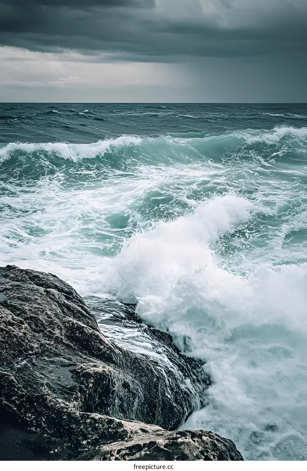 Stormy Ocean Waves Crashing on Rocks