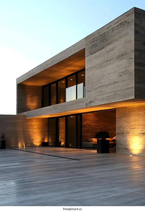 Modern Minimalist House with Stone Exterior and Patio