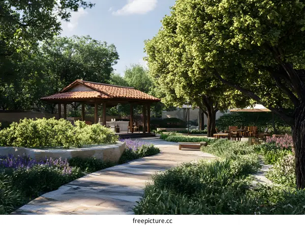 Beautiful Garden Landscape Design with a Gazebo and Stone Pathway