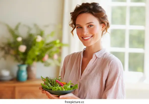 Woman Holding a Bowl of Fresh Salad in a Homey Kitchen