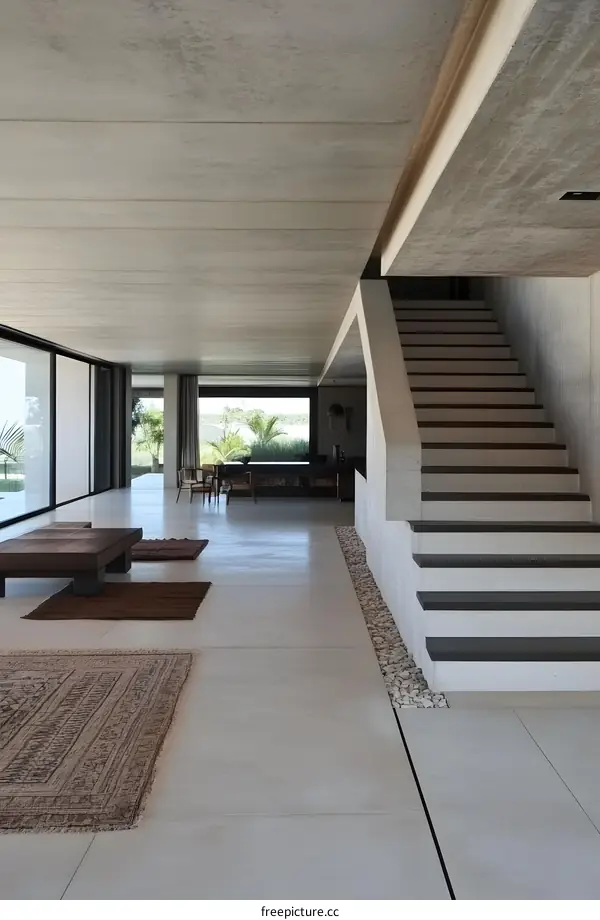 Modern Concrete House Interior Design with Stairs and Minimalist Furniture