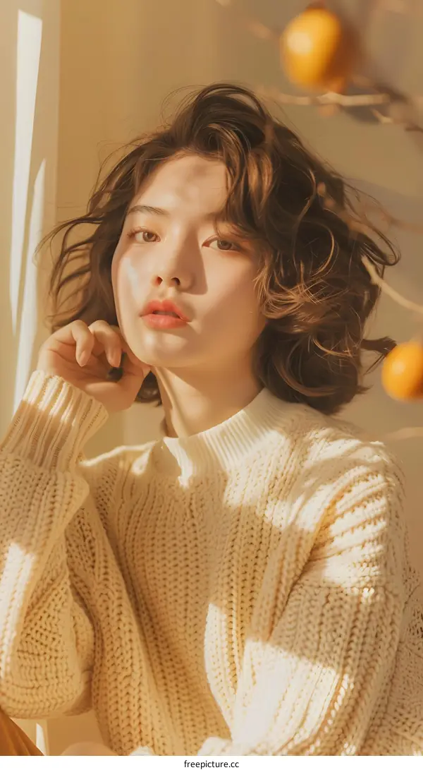 Close Up Portrait of a Young Woman in a Cream Knit Sweater