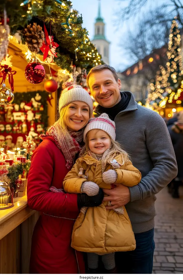 Family portrait at a Christmas market