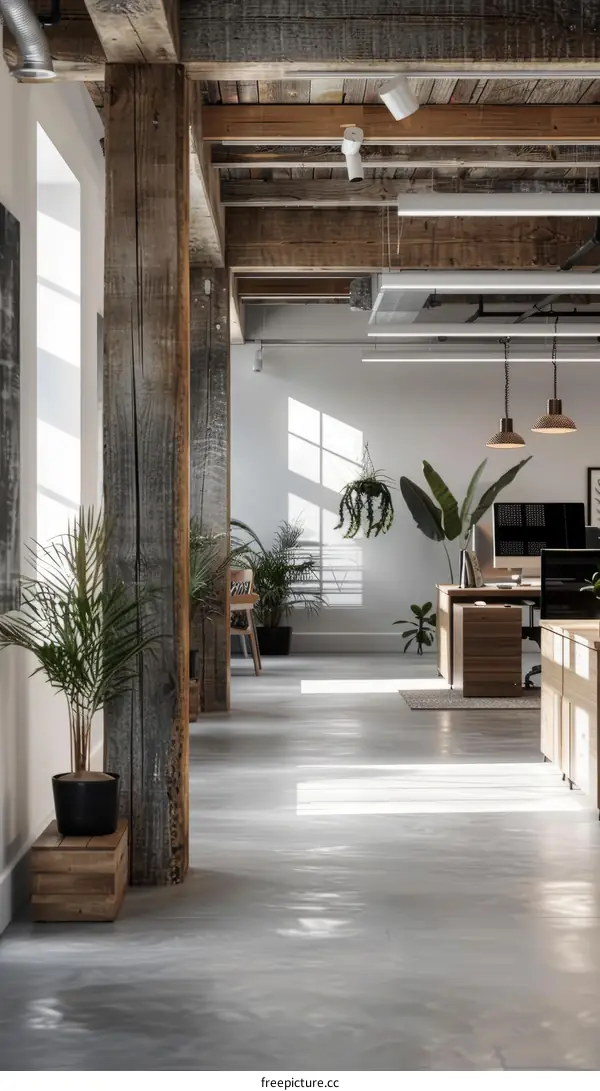 Industrial style office interior with wooden beams and concrete floor