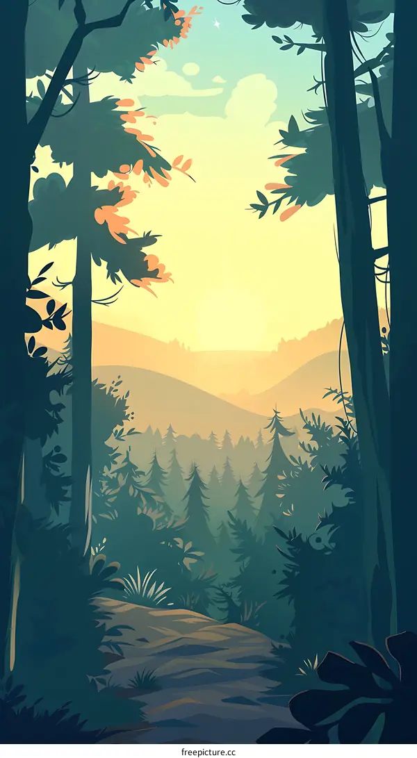 Forest Sunset Landscape Illustration