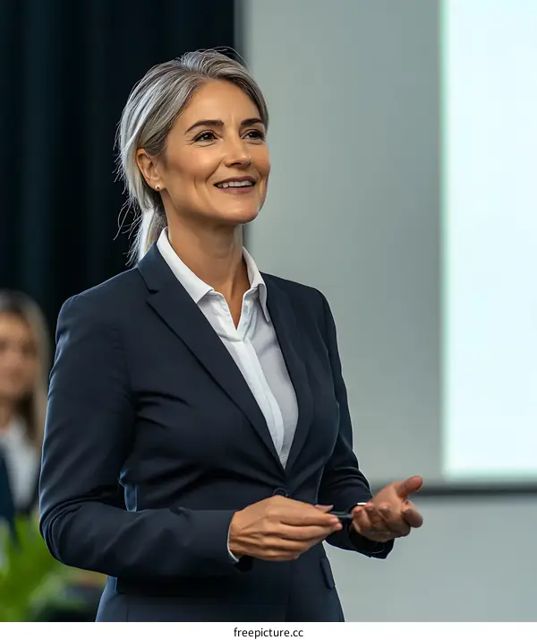 Smiling Businesswoman Giving Presentation At Conference