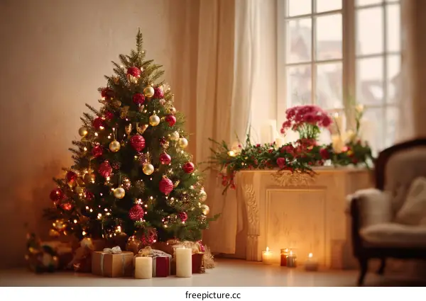 Christmas Tree Decorated in a Cozy Room