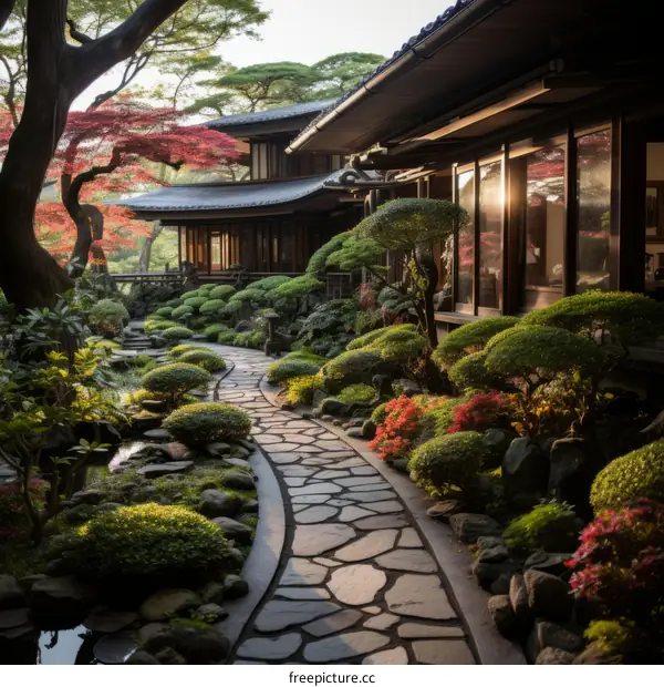 Zen Garden with Traditional Japanese House and Stone Path