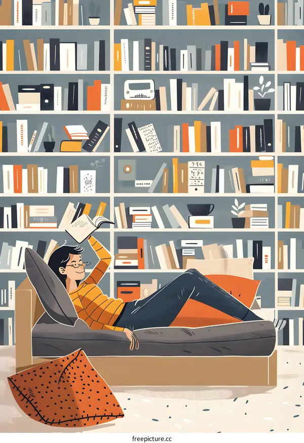 Woman Reading Book in Home Library