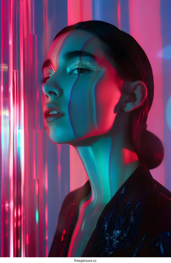 Woman With Neon Lights and Glitter Makeup
