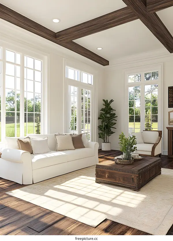 Modern Living Room Interior Design With White Sofa And Wooden Coffee Table