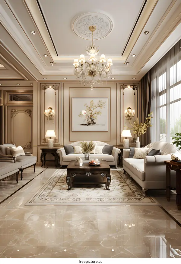 Luxury Living Room Interior Design with Chandelier and Floral Art
