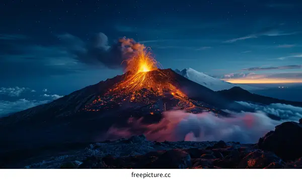The night sky is lit up by a volcanic eruption