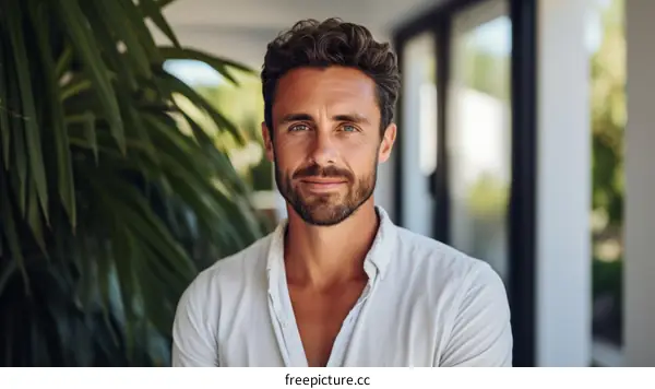 棕榈树旁的微笑男人