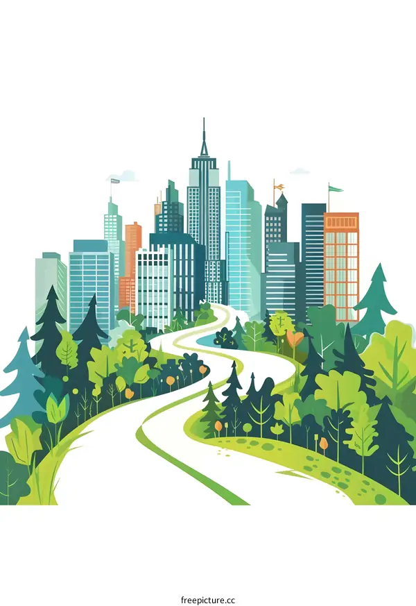 Cityscape with Winding Road and Green Trees