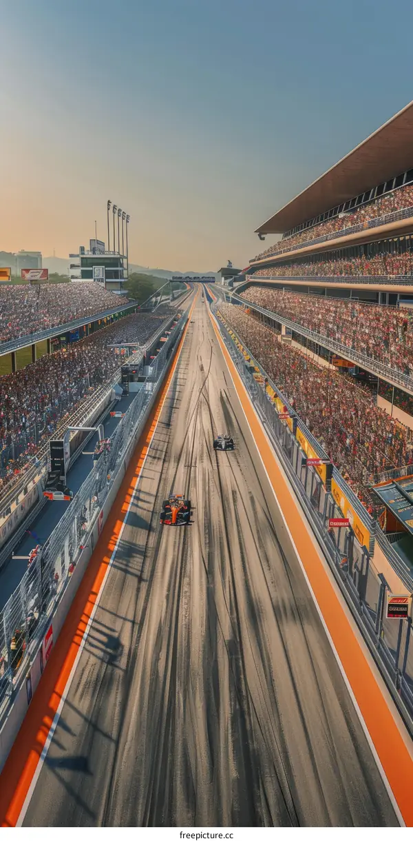 Formula One cars racing down a track with a large crowd in the stands