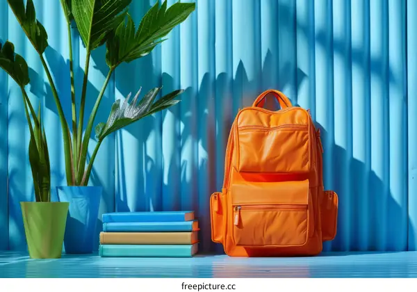 An orange backpack and books