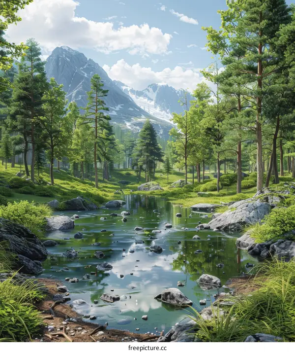 Mountain Valley Stream with Green Trees and Rocks