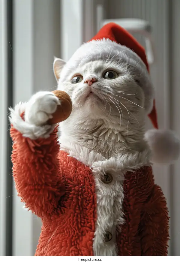 A white cat wearing a red and white Santa hat and suit