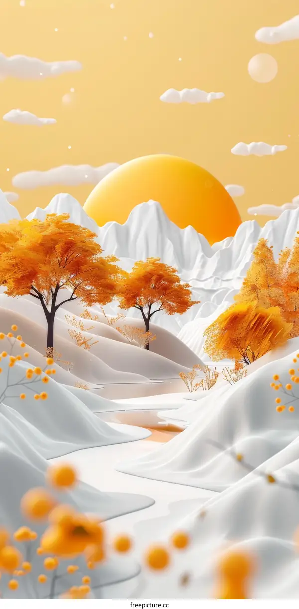 Dreamy Mountain Landscape with Snow and Golden Trees