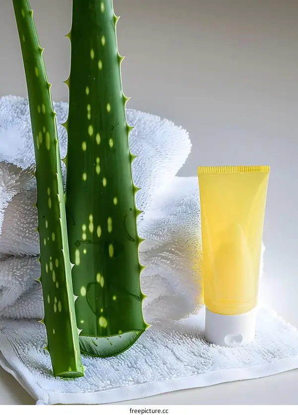 Aloe Vera Plant With Cream Bottle On Towel