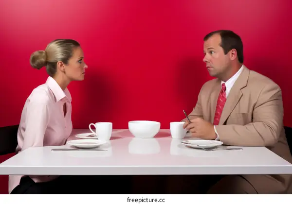 Businessman and businesswoman having serious discussion at restaurant table