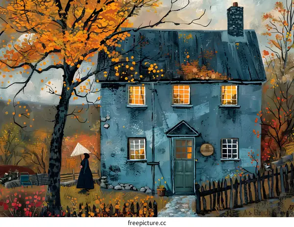 A woman walks past a blue cottage with a black umbrella