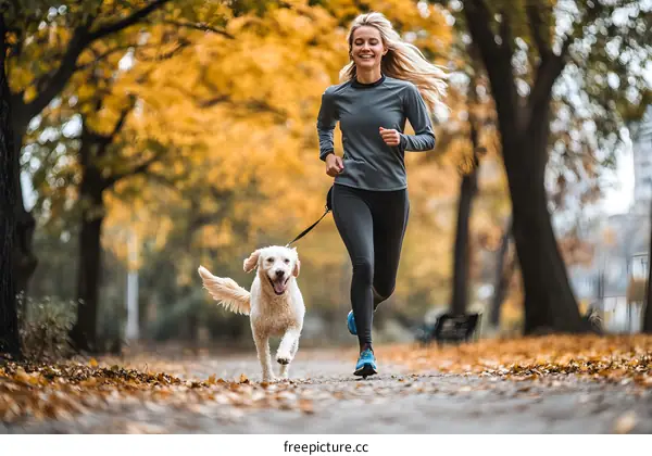 Woman Running With Dog in Autumn Park