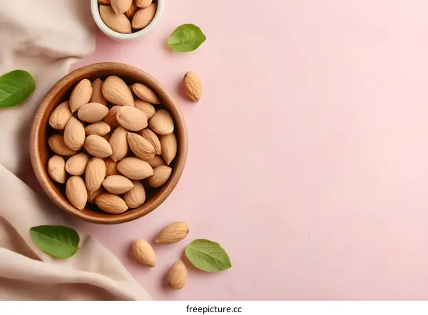 Almonds in a Bowl with Green Leaves on a Pink Background