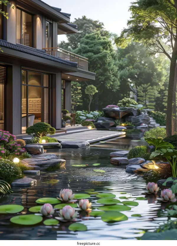 Modern House with a Serene Garden and Water Features