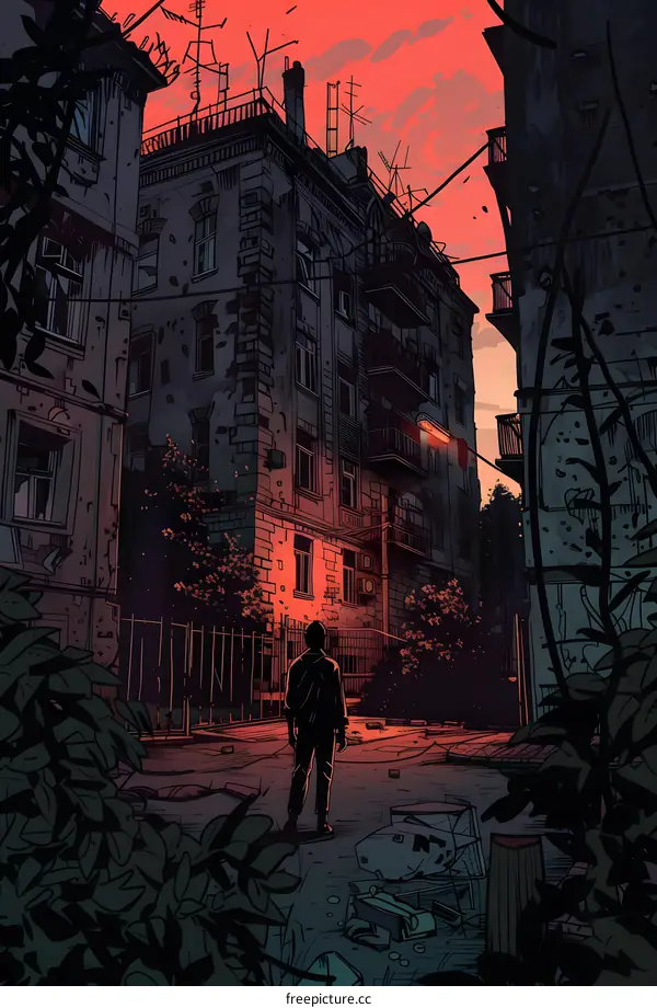 A Man Stands in the Alleyway of Old Buildings at Sunset