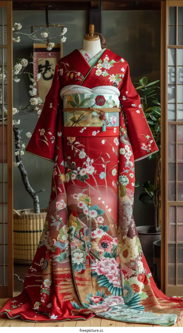 A kimono with a pattern of cherry blossoms and maple leaves