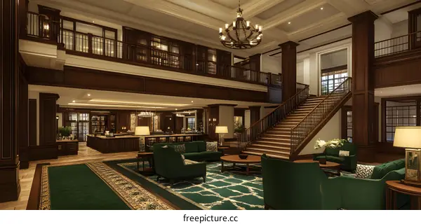 Elegant Interior Design with Grand Staircase and Green Couches