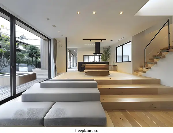 Modern Japanese Style Home Interior Design With Wooden Floor and Large Windows