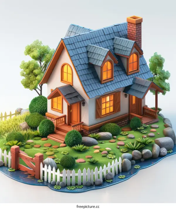 Small cartoon house with a blue roof and a white fence around it