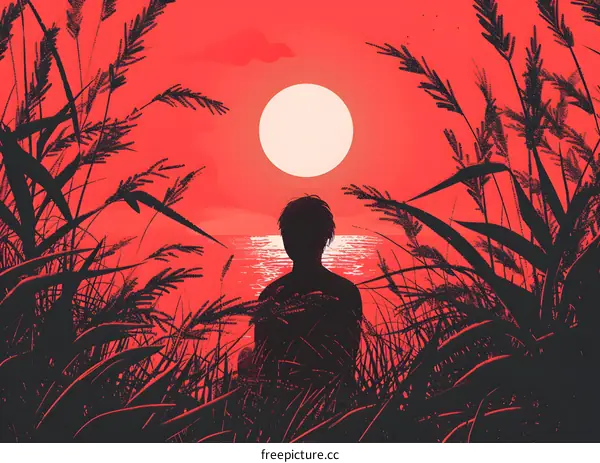 Silhouette of a Man Sitting By the Ocean at Sunset