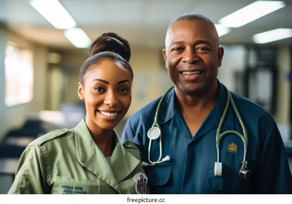 Two smiling doctors, one young woman and one older man, pose for a photo in a hospital.